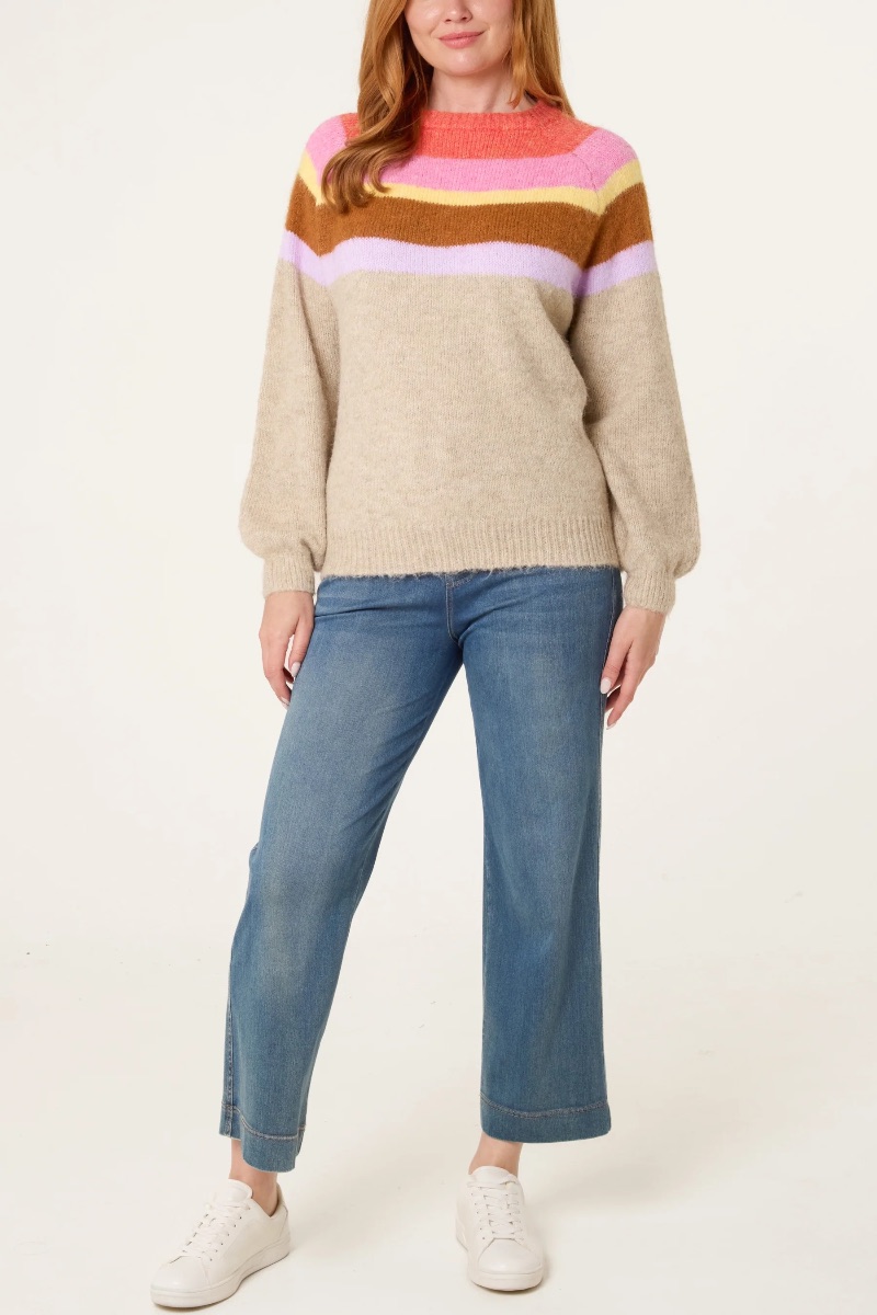 Multicolor Stripe Balloon Sleeve Jumper
