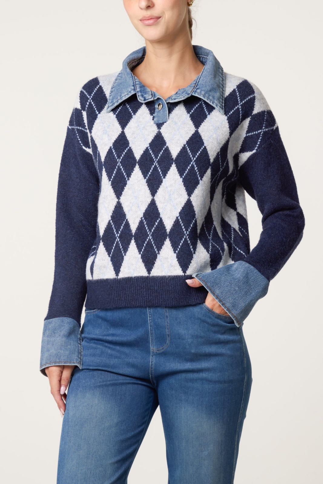 ARGYLE DENIM TRIM KNIT JUMPER