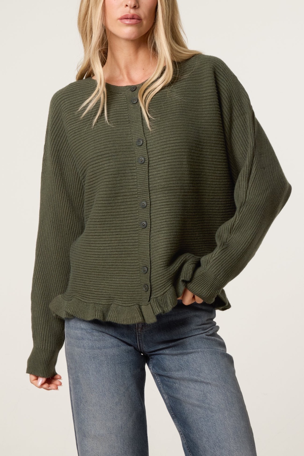 RIBBED FRILL HEM BUTTON UP CARDIGAN