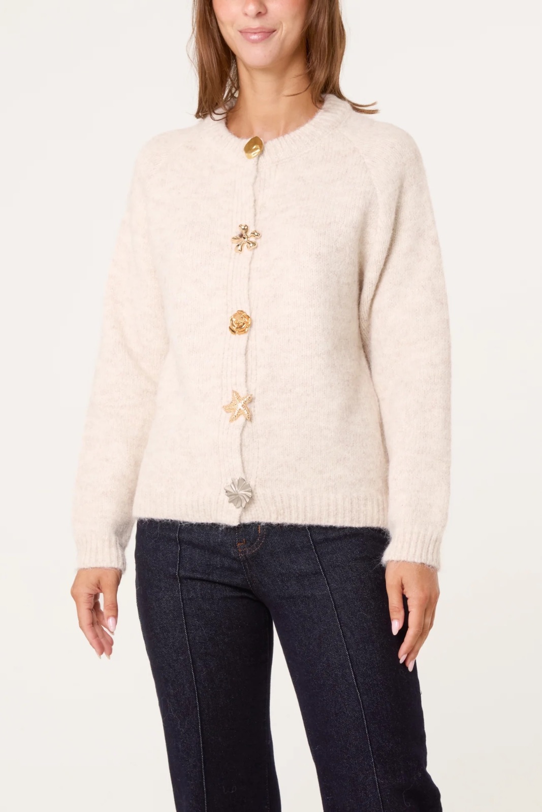 STATEMENT GOLD BUTTON KNIT CARDIGAN