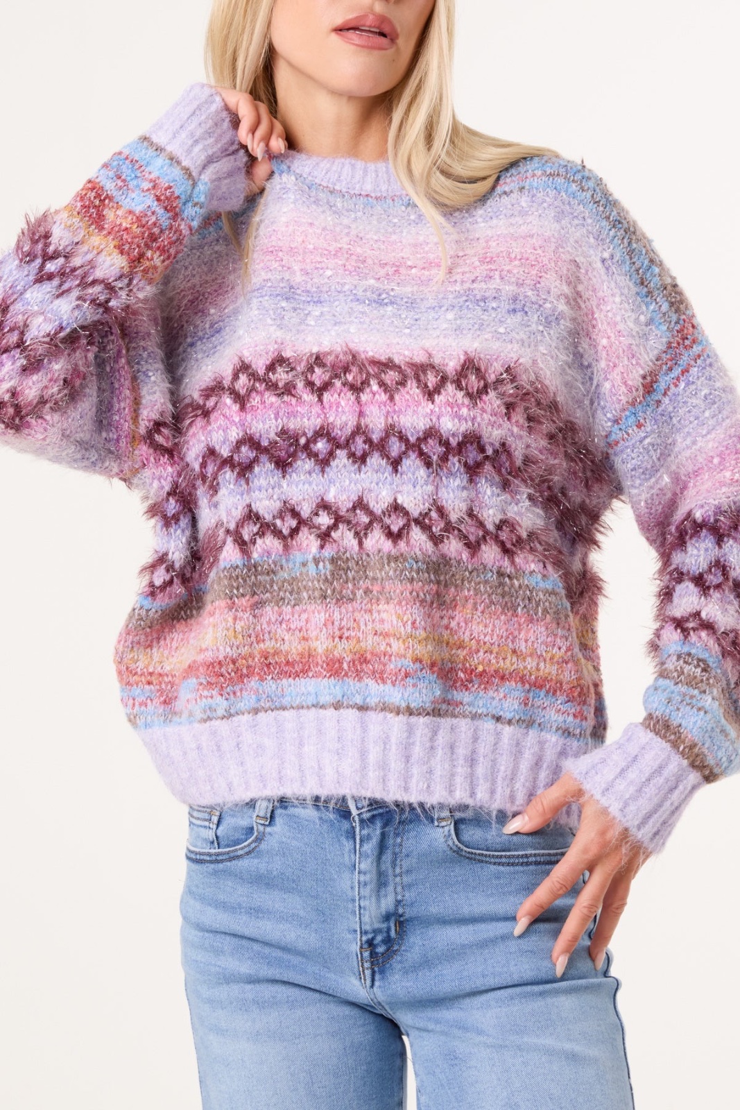 FLECKED MIXED YARNS STRIPE KNIT JUMPER