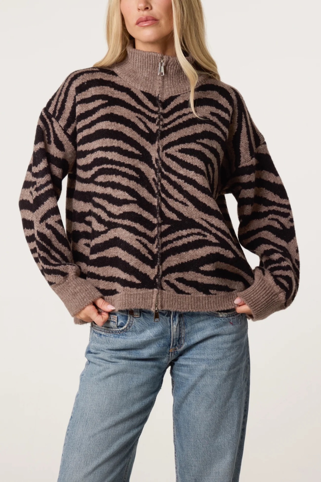 ZEBRA PRINT ZIP-THROUGH KNIT CARDIGAN