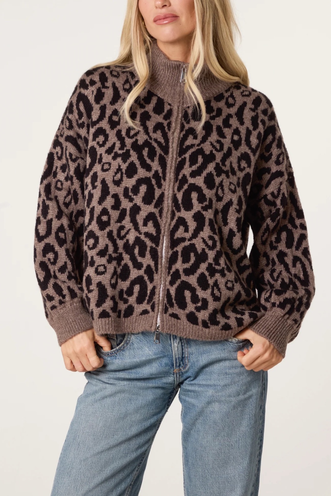 LEOPARD PRINT ZIP-THROUGH KNIT CARDIGAN