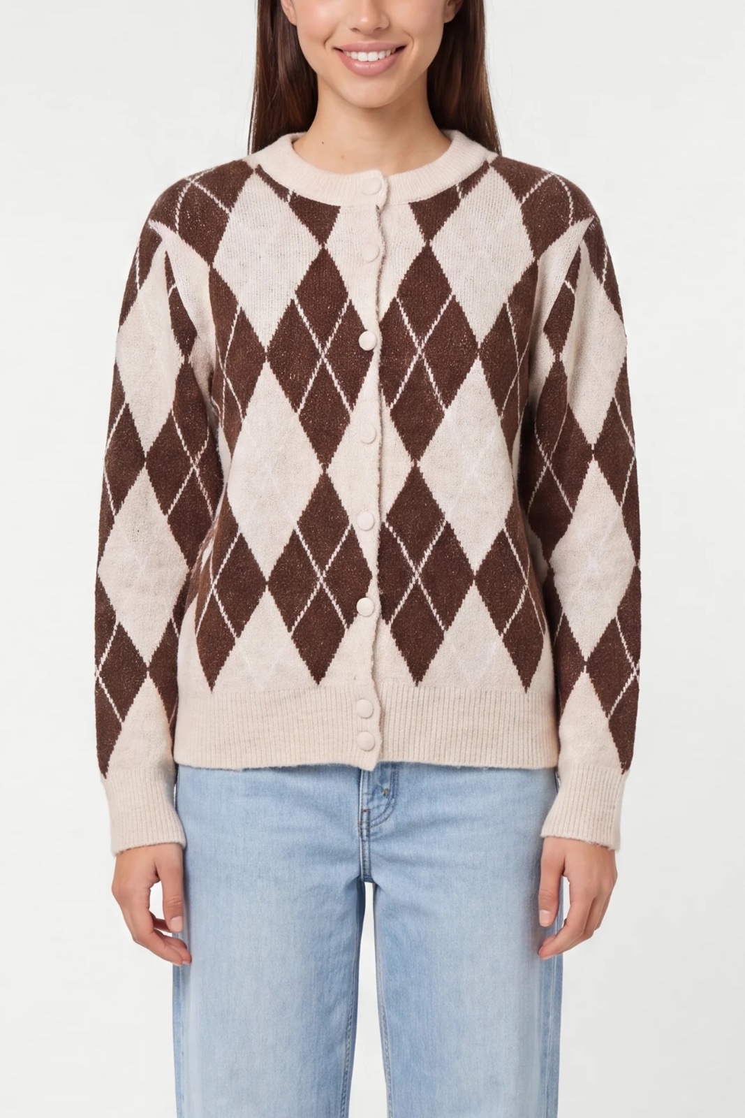 ARGYLE BUTTON THROUGH KNIT CARDIGAN