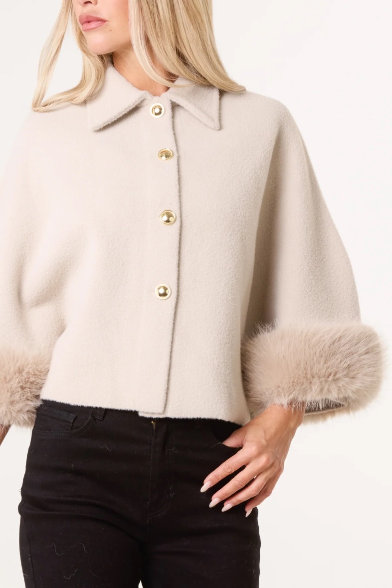 GOLDEN BUTTONS FAUX FUR CAPE